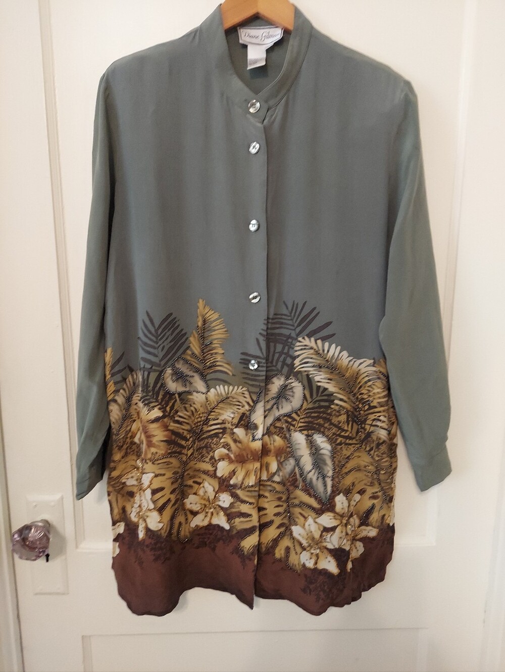 VTG 80/90s Diane Gilman Equestrian Silk Blouse Medium Beaded Art To Wear